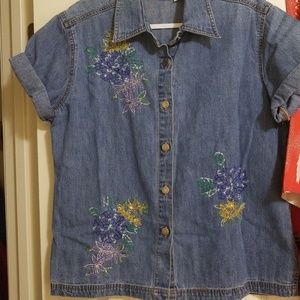 Denim Button-Down Shirt w/Embroidered Flowers